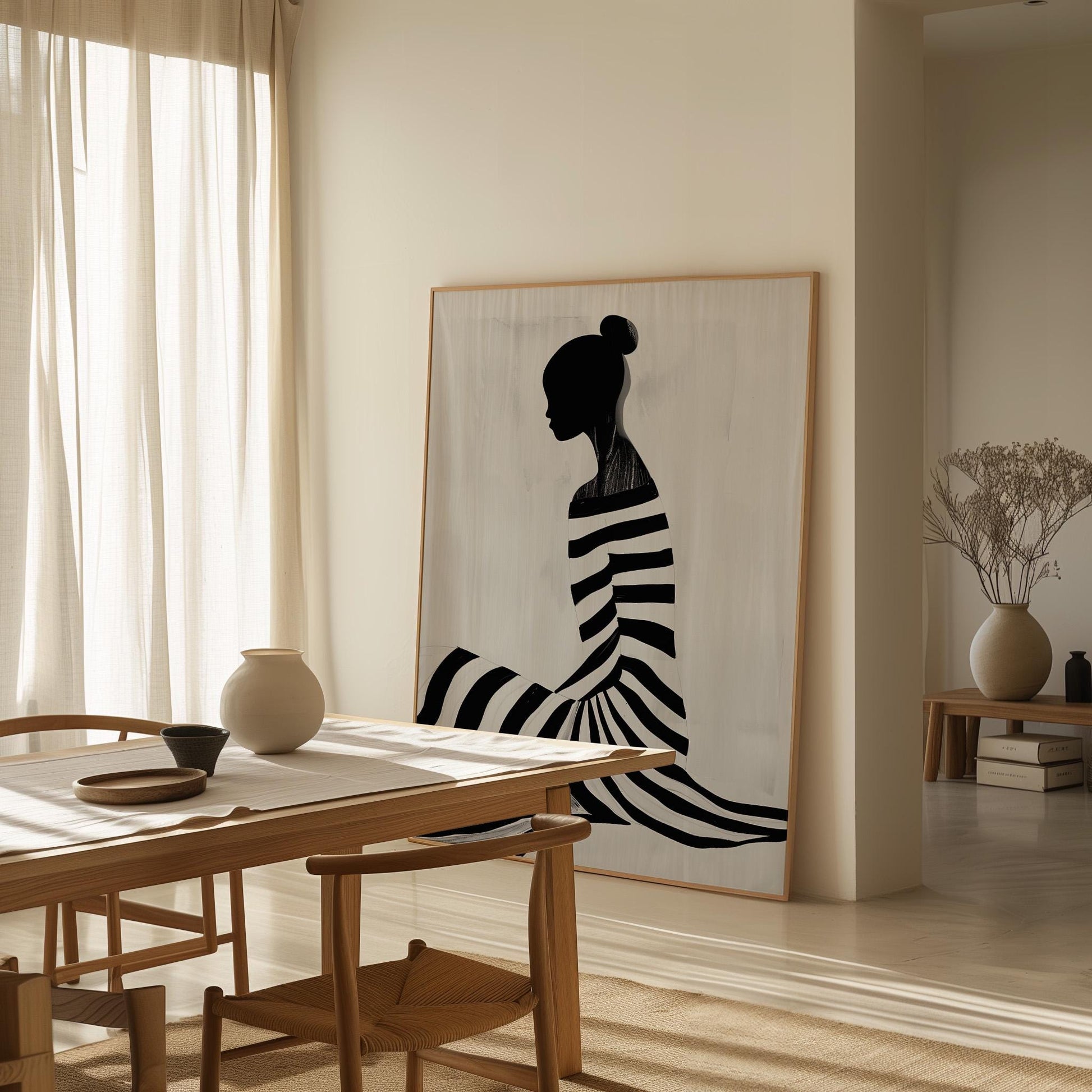 Figurative Canvas Wall Art Woman Sitting in Black and White Striped Dress Modern Framed Painting