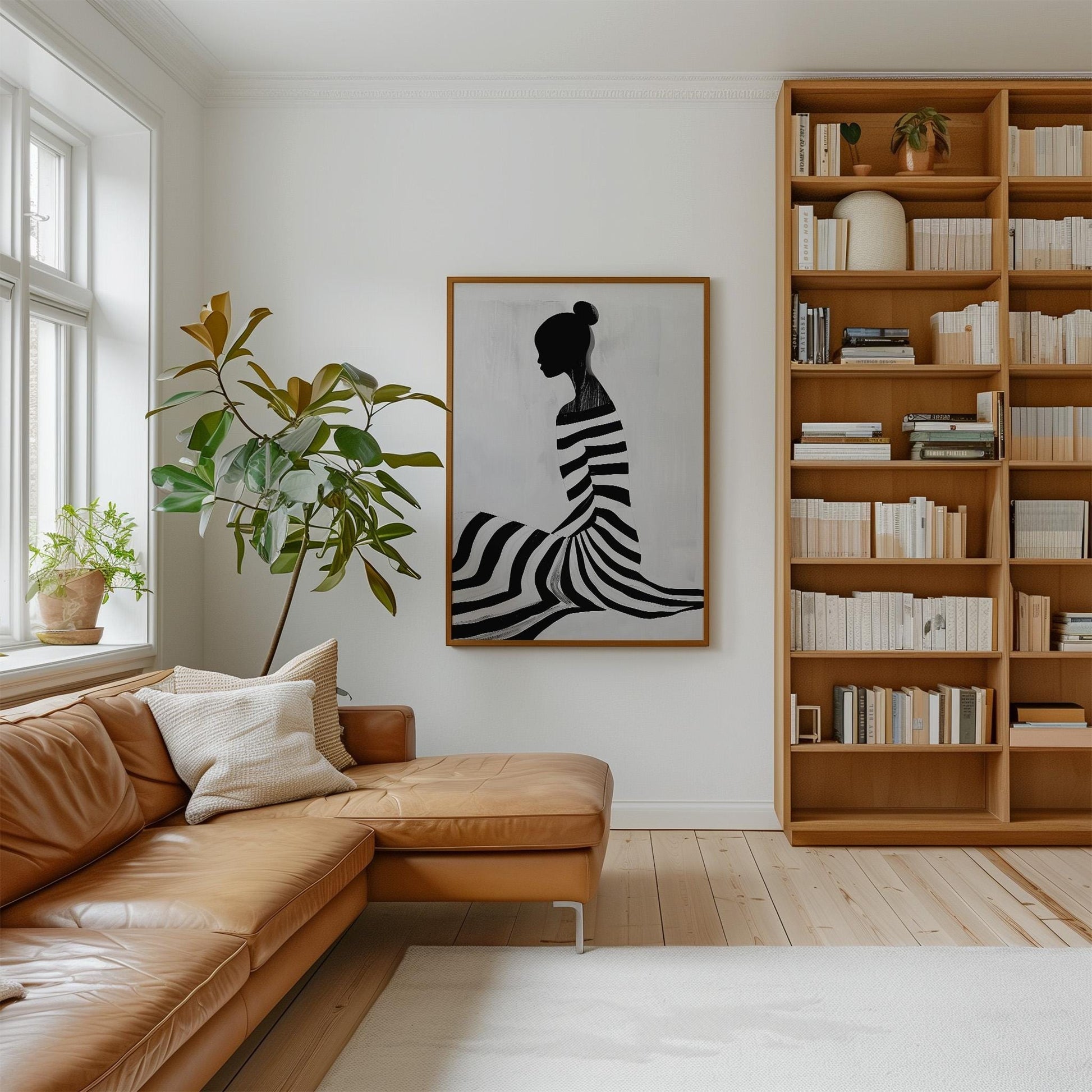 Figurative Canvas Wall Art Woman Sitting in Black and White Striped Dress Modern Framed Painting