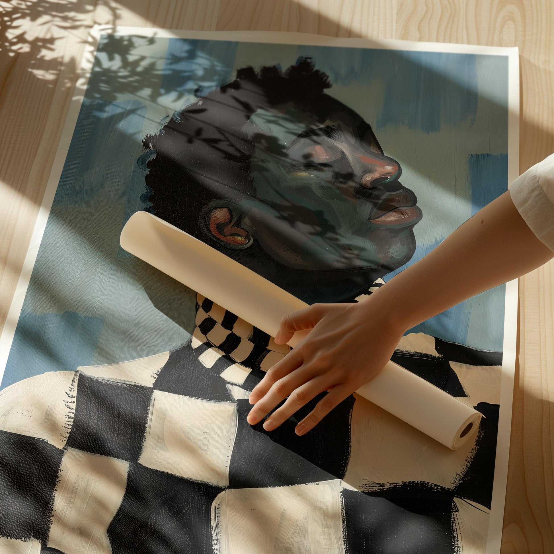 Figurative Canvas Wall Art Portrait of Man in Black and White Checkered Sweater with Blue Background