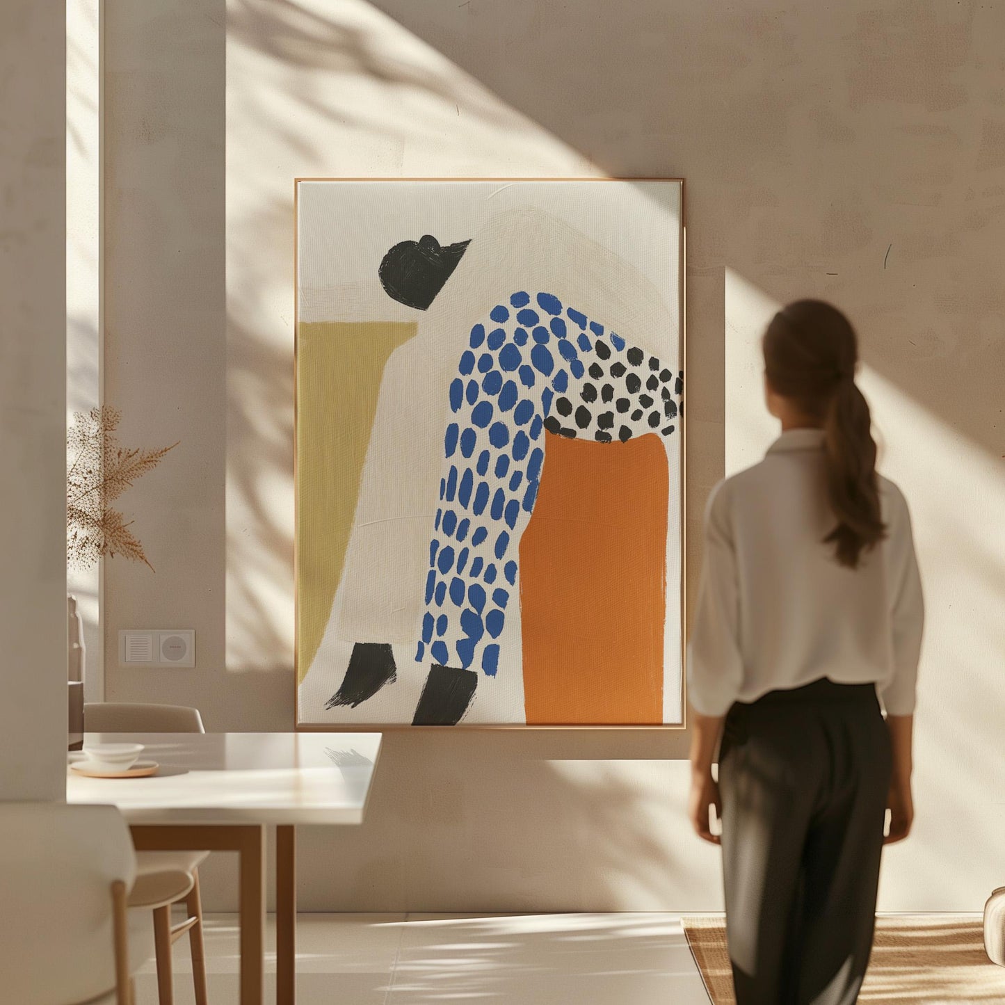 Figurative Canvas Wall Art Woman Resting in Blue and Black Patterned Outfit with Orange Accent Frame