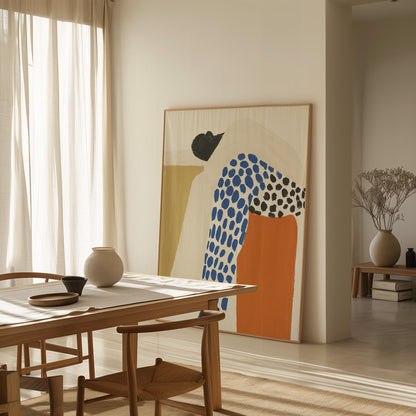 Figurative Canvas Wall Art Woman Resting in Blue and Black Patterned Outfit with Orange Accent Frame