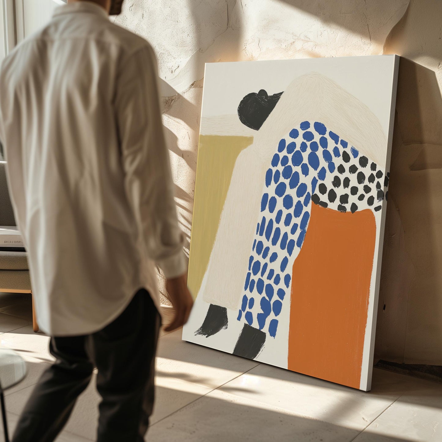 Figurative Canvas Wall Art Woman Resting in Blue and Black Patterned Outfit with Orange Accent Frame