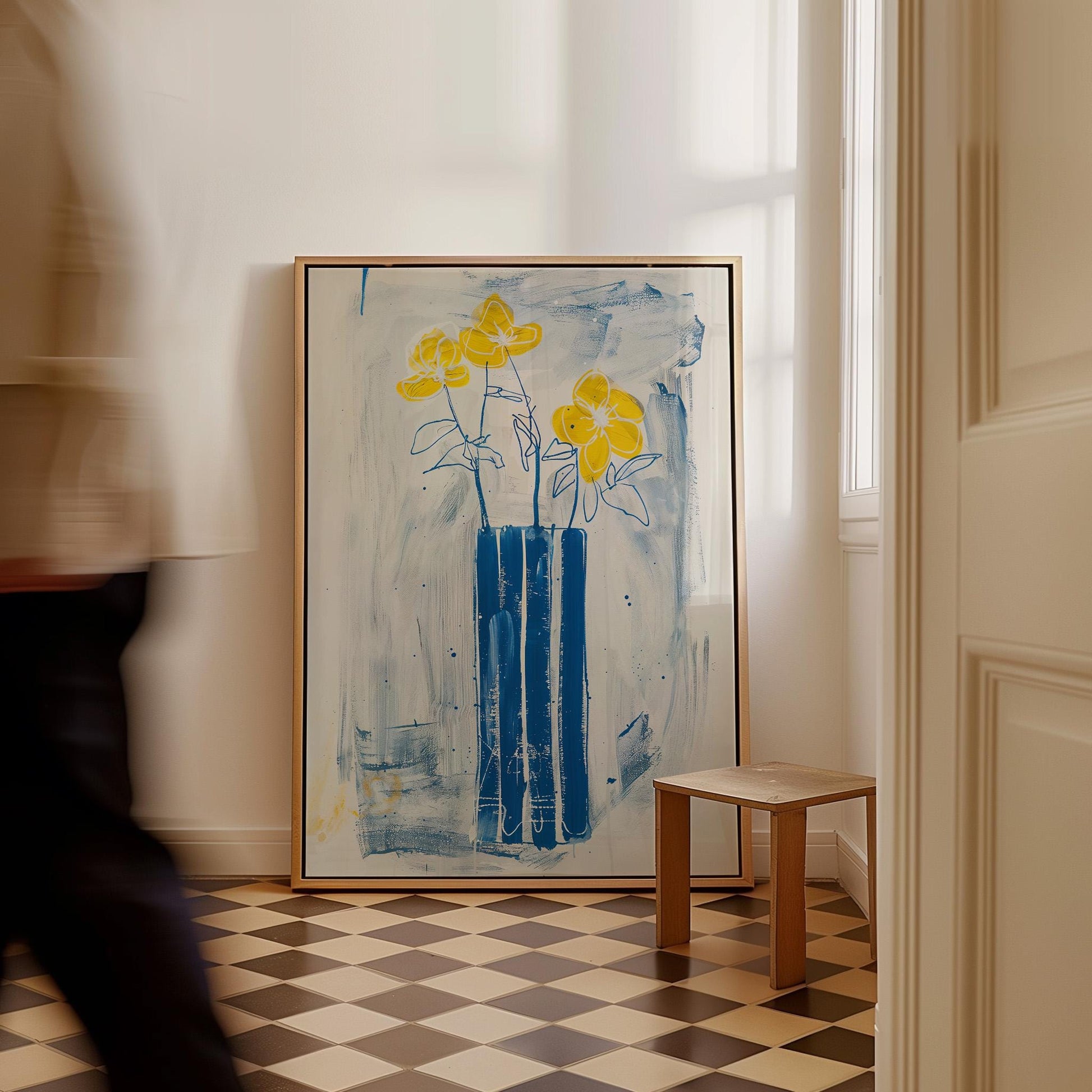Floral Canvas Wall Art Yellow Flowers in Blue Vase on White and Blue Background Modern Framed Print