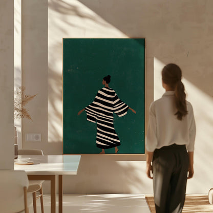 Figurative Canvas Wall Art Woman in Black and White Striped Dress on Green Background Modern Framed Print