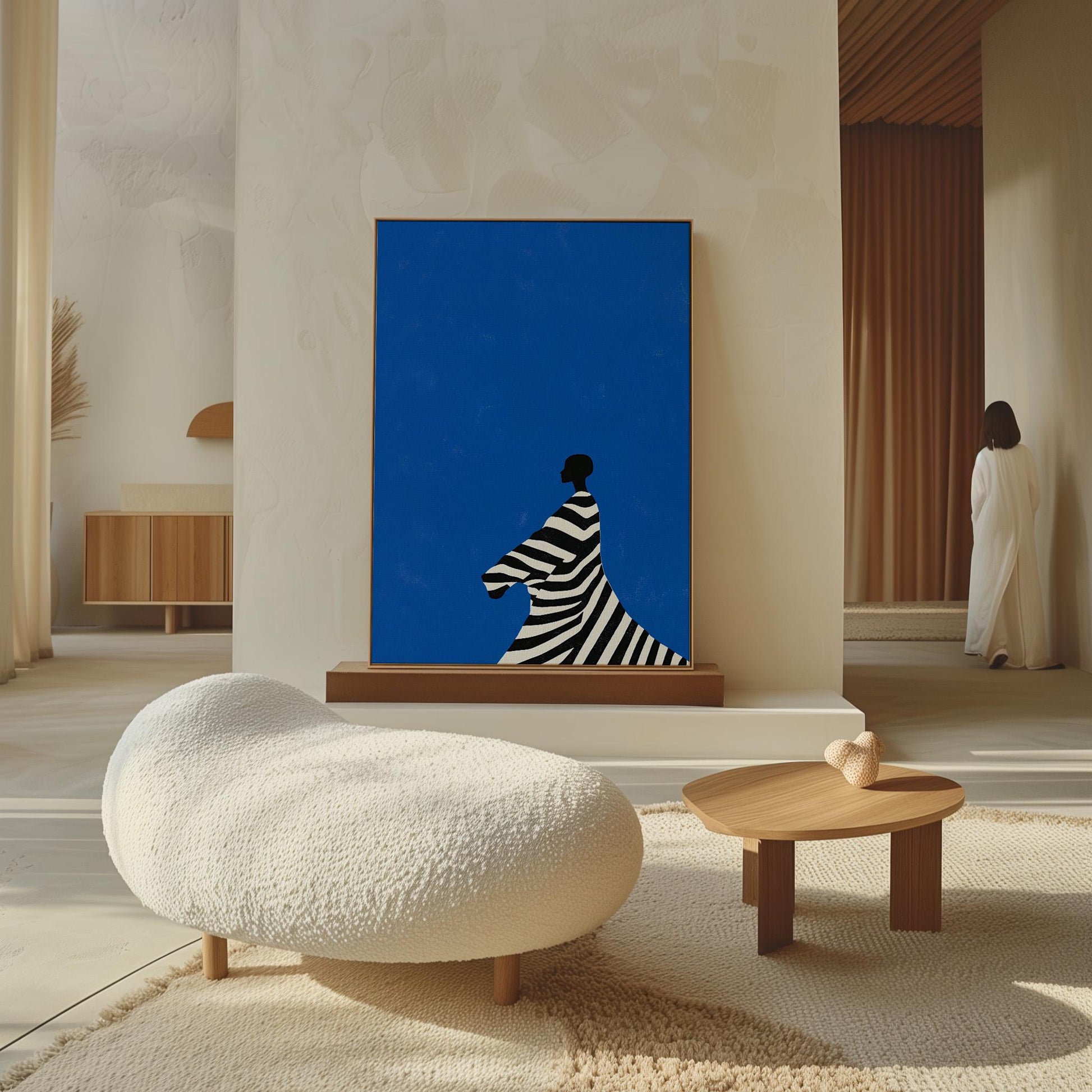 Figurative Canvas Wall Art Woman in Black and White Striped Dress on Bold Blue Background Framed Print