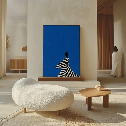 Figurative Canvas Wall Art Woman in Black and White Striped Dress on Bold Blue Background Framed Print