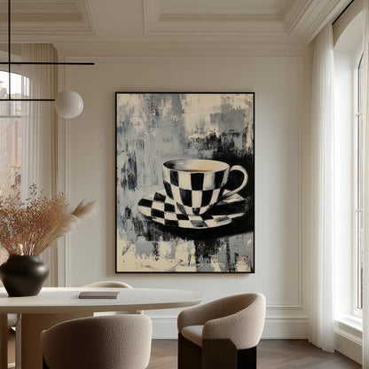 Kitchen Canvas Wall Art Black and White Checkered Coffee Cup and Saucer Modern Framed Painting