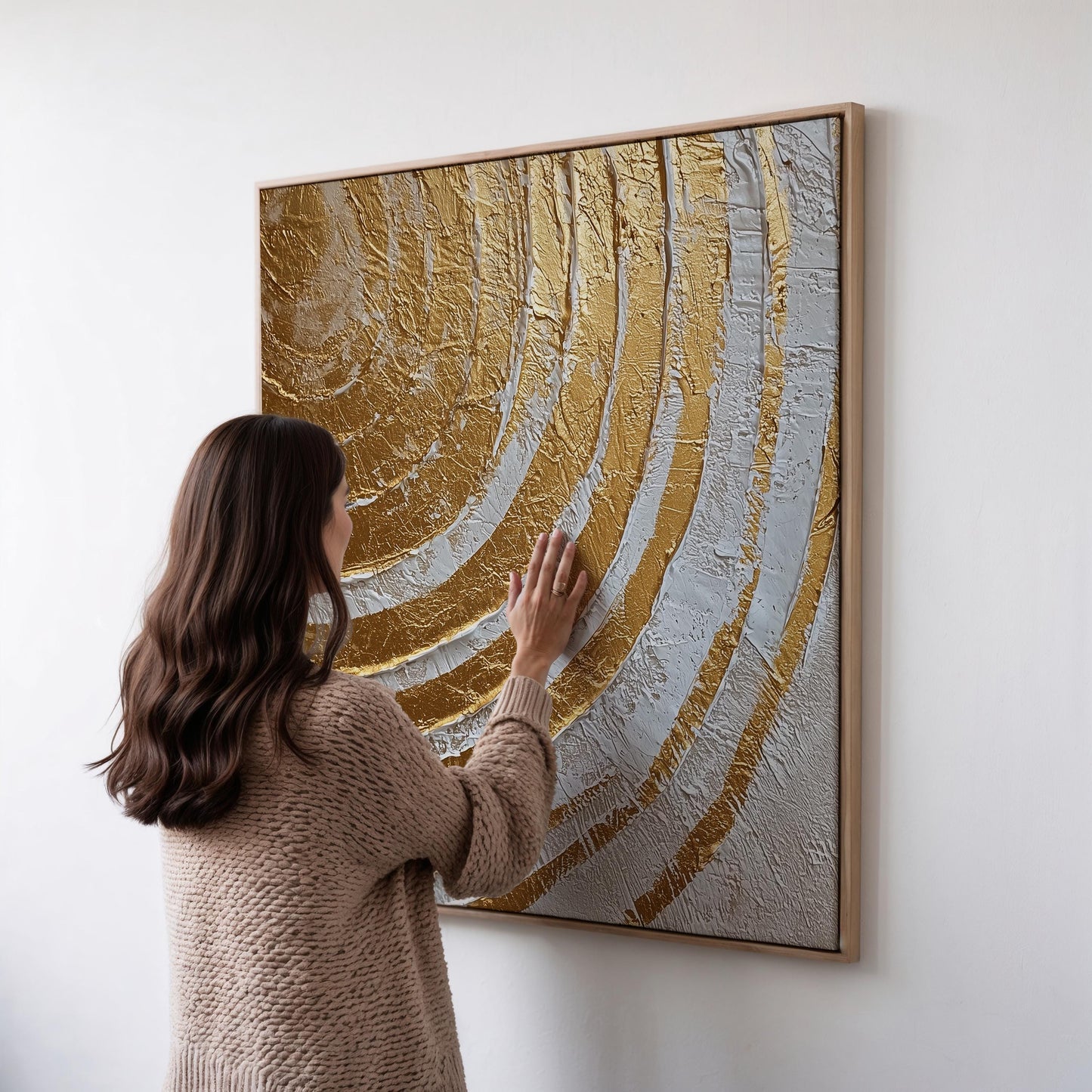 Gold and White Canvas Art:  Square Painting with Floating Frame