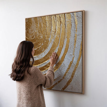 Gold and White Canvas Art:  Square Painting with Floating Frame