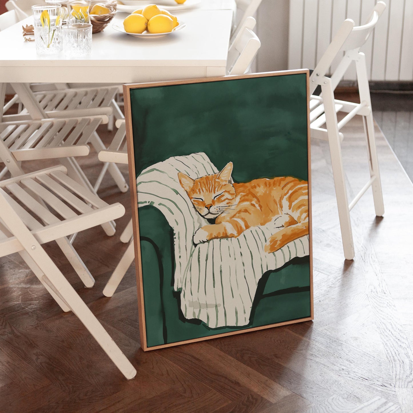 Orange Cat Canvas Wall Art Cozy Animal Print Sleeping Kitten Painting Large Modern Wall Decor for Bedroom or Living Room