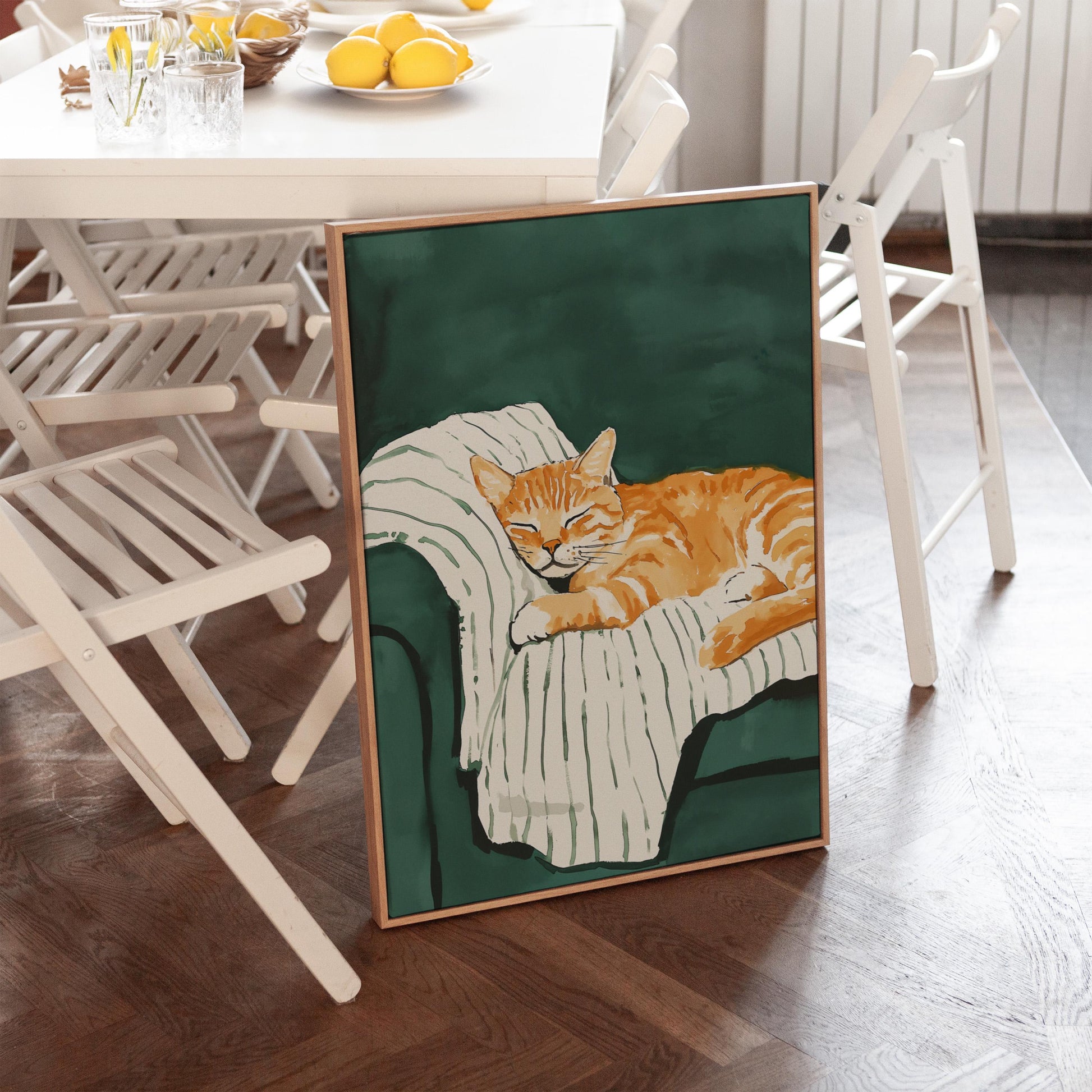 Orange Cat Canvas Wall Art Cozy Animal Print Sleeping Kitten Painting Large Modern Wall Decor for Bedroom or Living Room