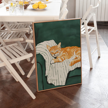 Orange Cat Canvas Wall Art Cozy Animal Print Sleeping Kitten Painting Large Modern Wall Decor for Bedroom or Living Room