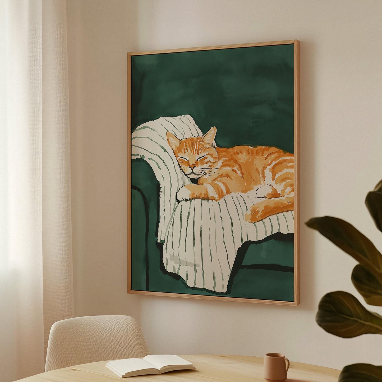 Orange Cat Canvas Wall Art Cozy Animal Print Sleeping Kitten Painting Large Modern Wall Decor for Bedroom or Living Room