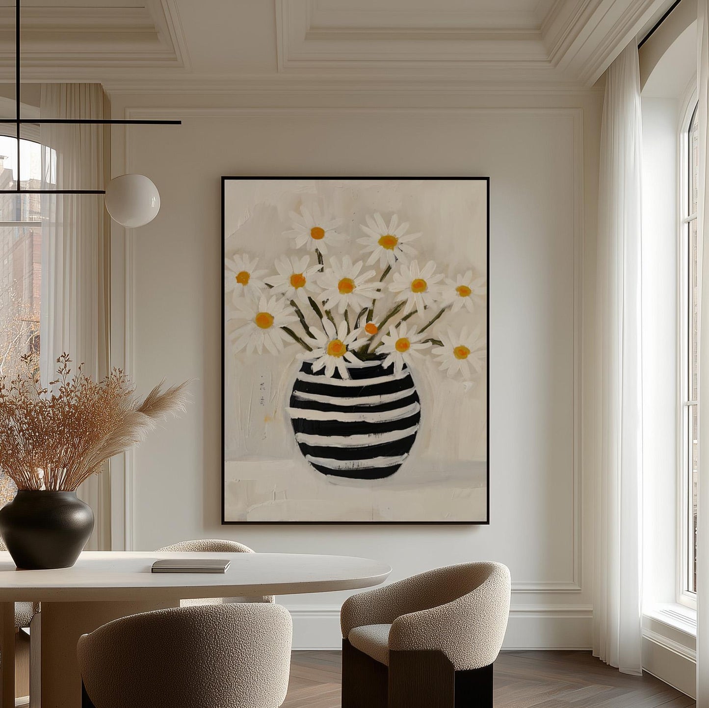 Daisy Flower Canvas Wall Art Modern Botanical Print Black and White Vase Large Floral Painting for Dining Room or Living Room