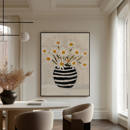 Daisy Flower Canvas Wall Art Modern Botanical Print Black and White Vase Large Floral Painting for Dining Room or Living Room