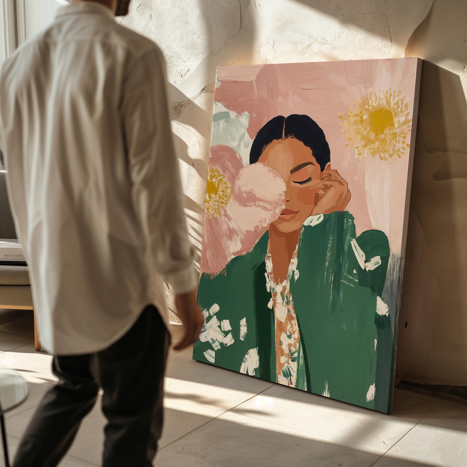 Floral Woman Canvas Wall Art Modern Portrait Print in Green and Pink Large Feminine Painting for Bedroom or Living Room