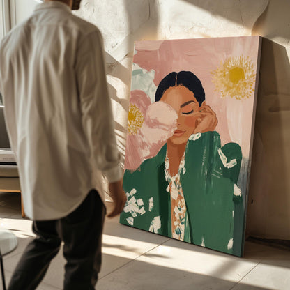 Floral Woman Canvas Wall Art Modern Portrait Print in Green and Pink Large Feminine Painting for Bedroom or Living Room