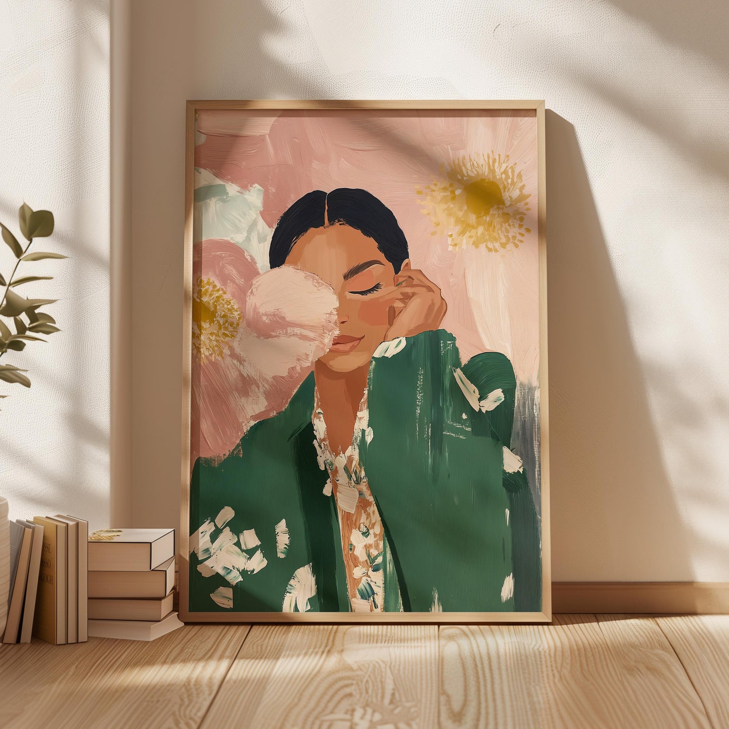Floral Woman Canvas Wall Art Modern Portrait Print in Green and Pink Large Feminine Painting for Bedroom or Living Room