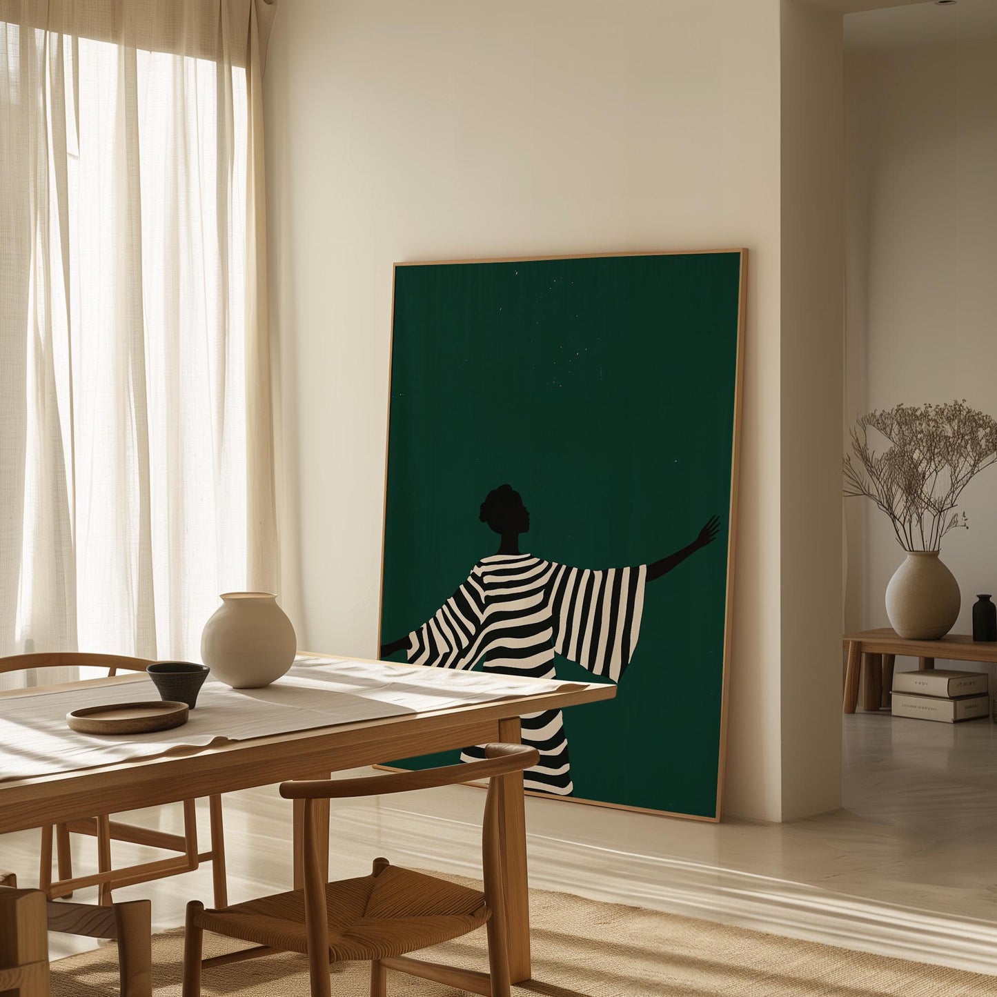Minimalist Canvas Wall Art Black and White Woman Silhouette in Striped Dress Modern Large Print for Living Room or Bedroom