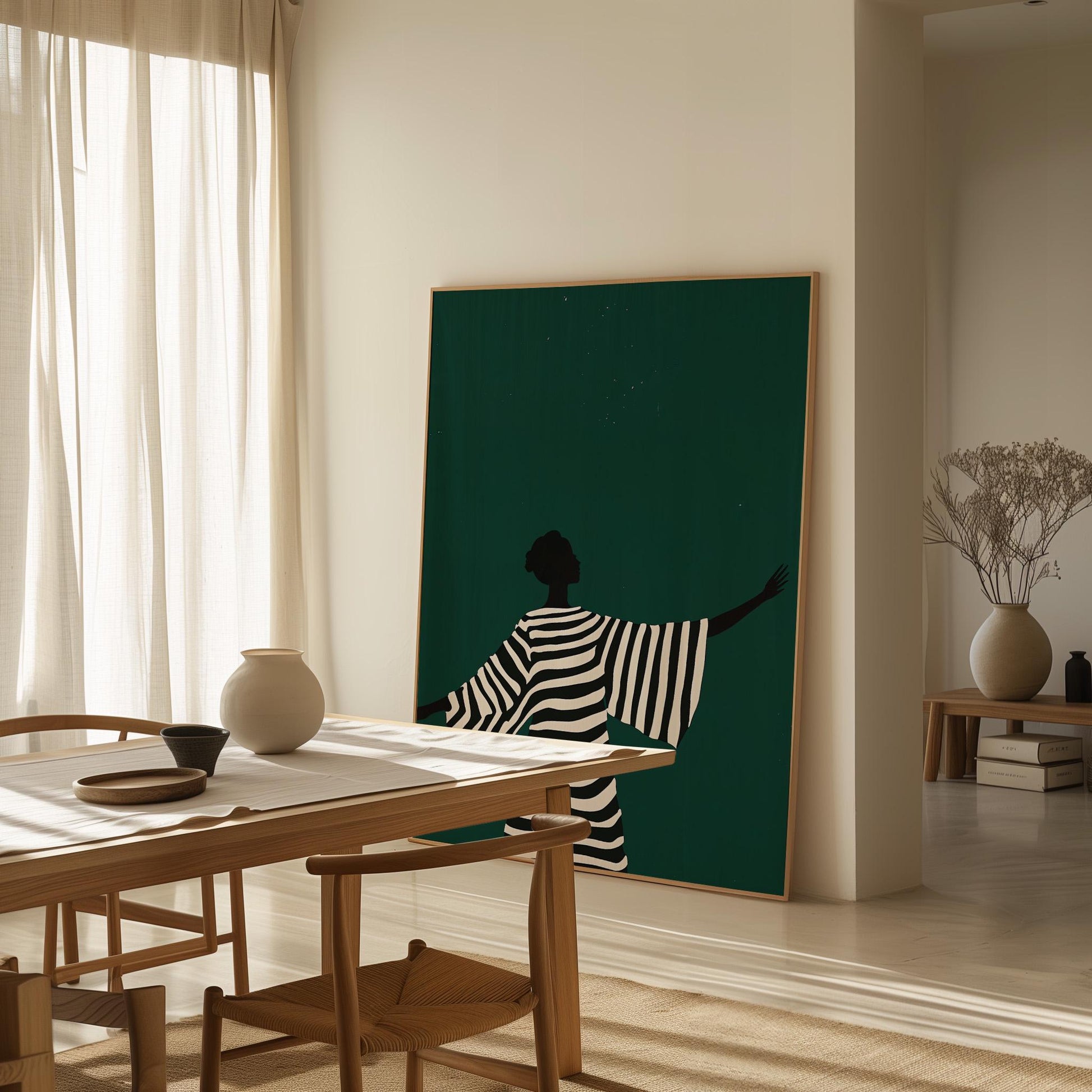 Minimalist Canvas Wall Art Black and White Woman Silhouette in Striped Dress Modern Large Print for Living Room or Bedroom