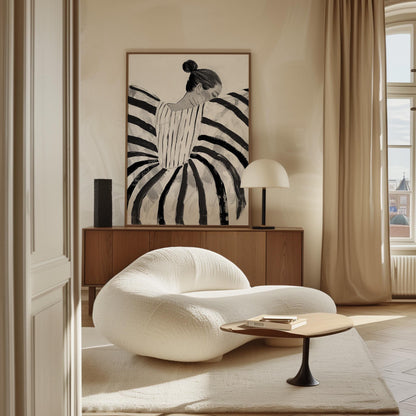 Black and White Abstract Woman Canvas Wall Art Modern Minimalist Striped Dress Large Print for Bedroom or Living Room