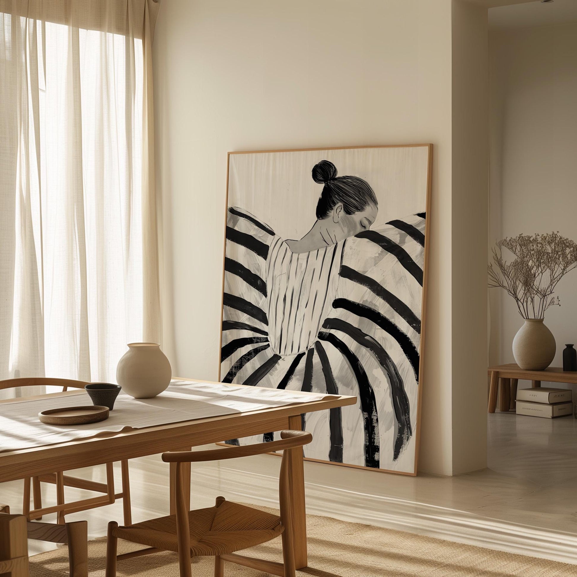 Black and White Abstract Woman Canvas Wall Art Modern Minimalist Striped Dress Large Print for Bedroom or Living Room
