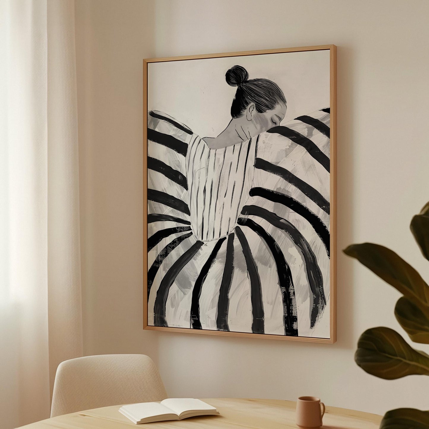 Black and White Abstract Woman Canvas Wall Art Modern Minimalist Striped Dress Large Print for Bedroom or Living Room
