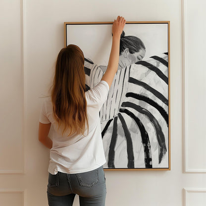 Black and White Abstract Woman Canvas Wall Art Modern Minimalist Striped Dress Large Print for Bedroom or Living Room