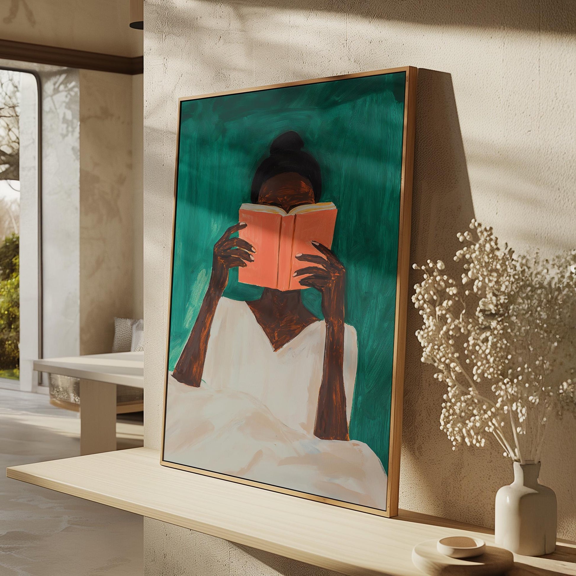 Woman Reading Book Canvas Wall Art Modern Minimalist Large Abstract Print for Bedroom or Living Room Decor