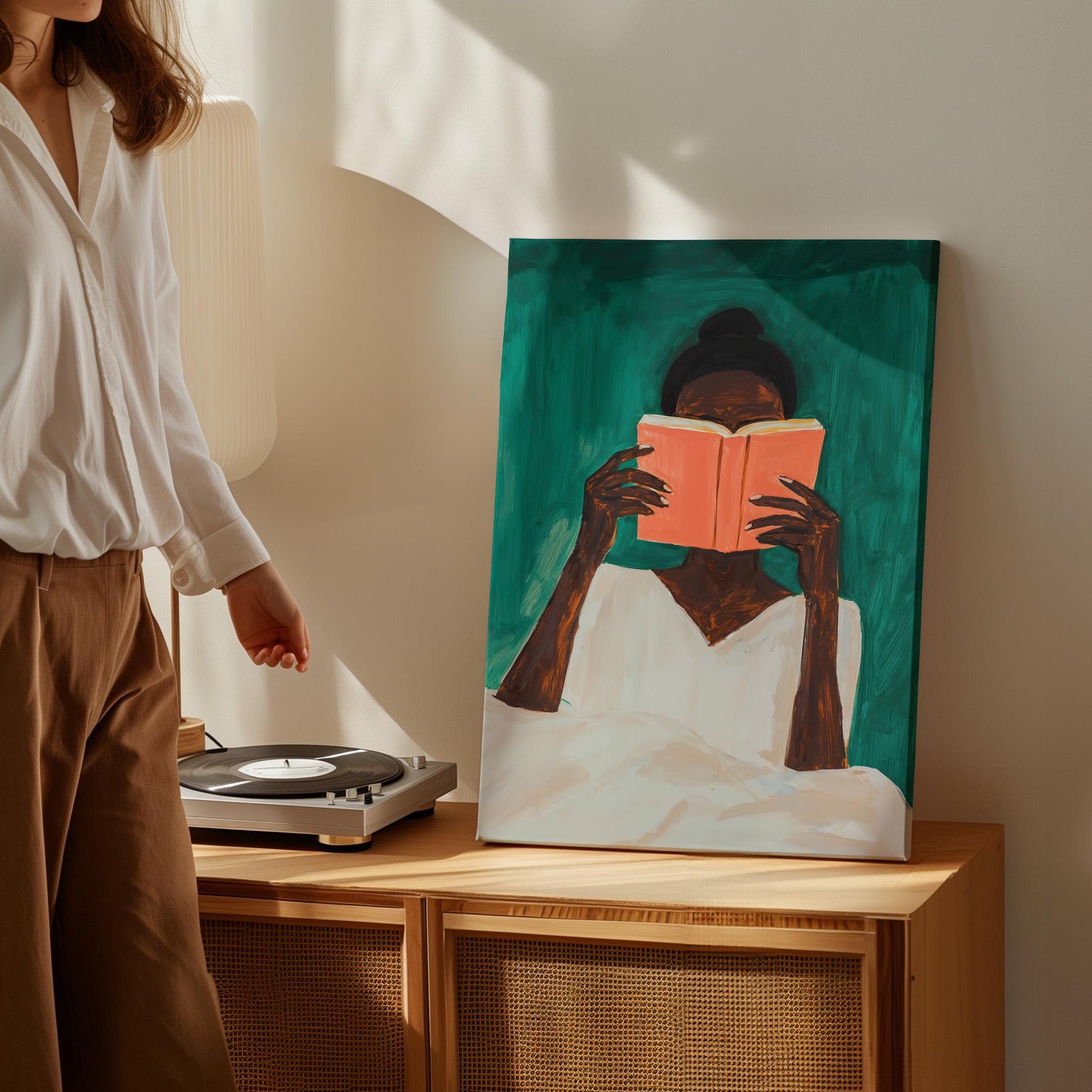 Woman Reading Book Canvas Wall Art Modern Minimalist Large Abstract Print for Bedroom or Living Room Decor
