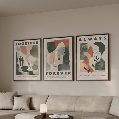 Together Forever Always Canvas Wall Art Set of 3 Romantic Abstract Prints Modern Minimalist Couple Artwork for Bedroom or Living Room