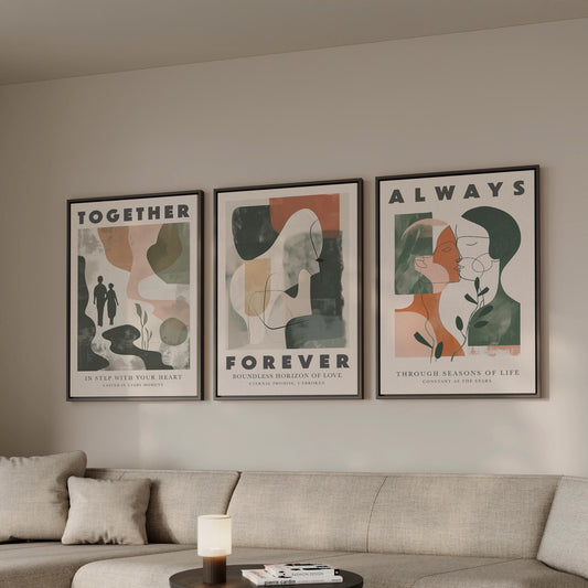 Together Forever Always Canvas Wall Art Set of 3 Romantic Abstract Prints Modern Minimalist Couple Artwork for Bedroom or Living Room