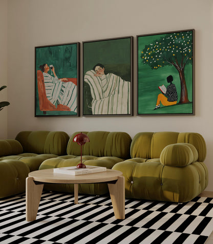 Minimalist Green Figurative Canvas Set - Relaxing Women Wall Art