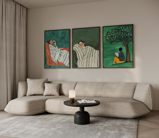 Relaxing Women Canvas Set of 3, Modern Figurative Wall Art with Coffee Reading and Resting, Minimalist Green Artwork for Living Room