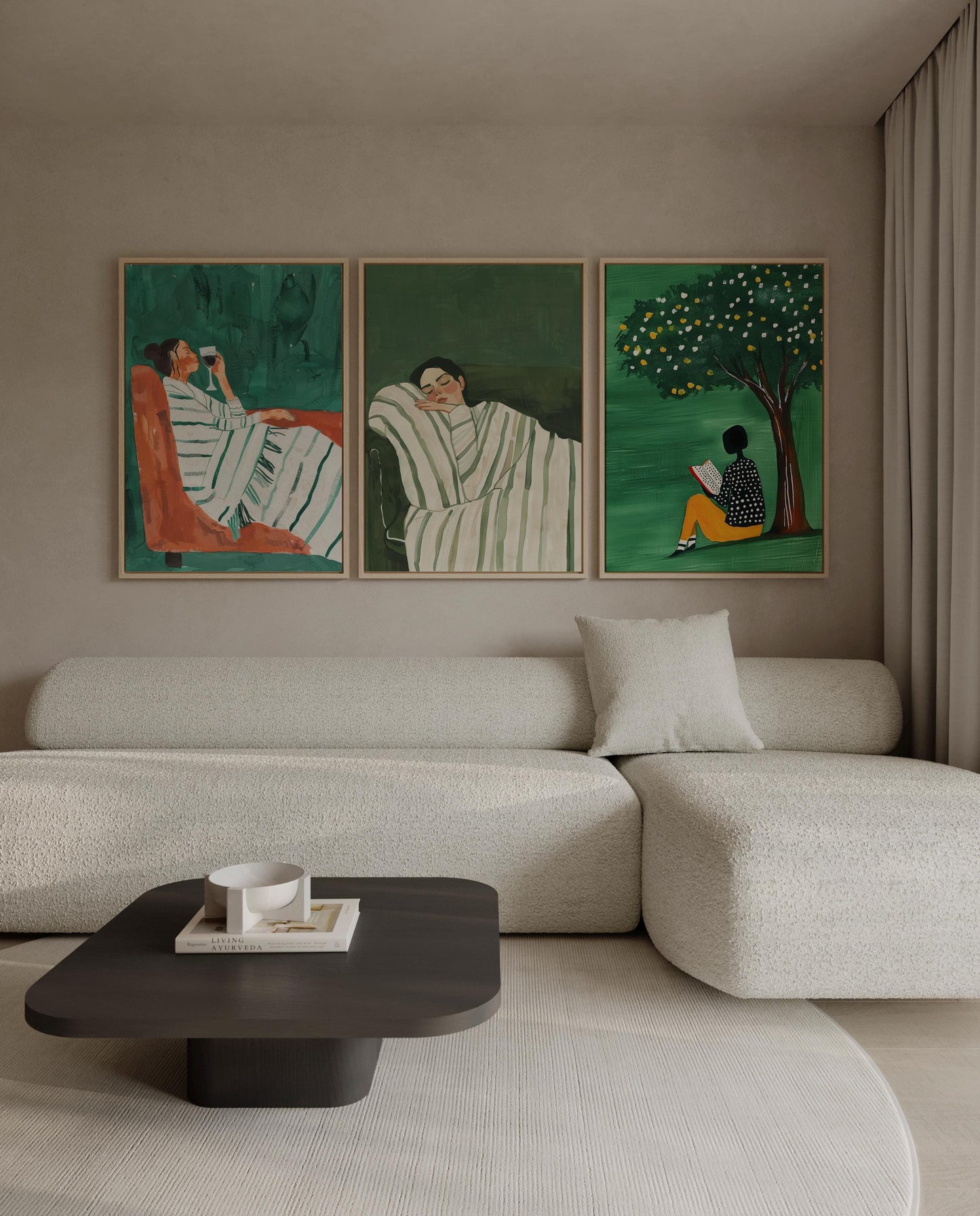 Minimalist Green Figurative Canvas Set - Relaxing Women Wall Art