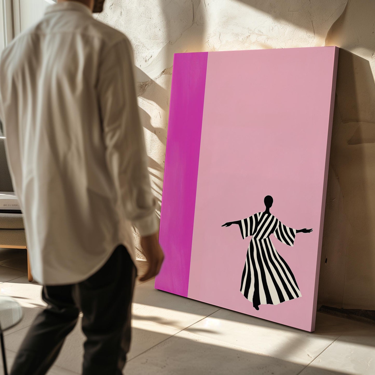 Abstract Silhouette Pink Wall Art Modern Minimalist Striped Dress Canvas Print Large Contemporary Artwork for Living Room