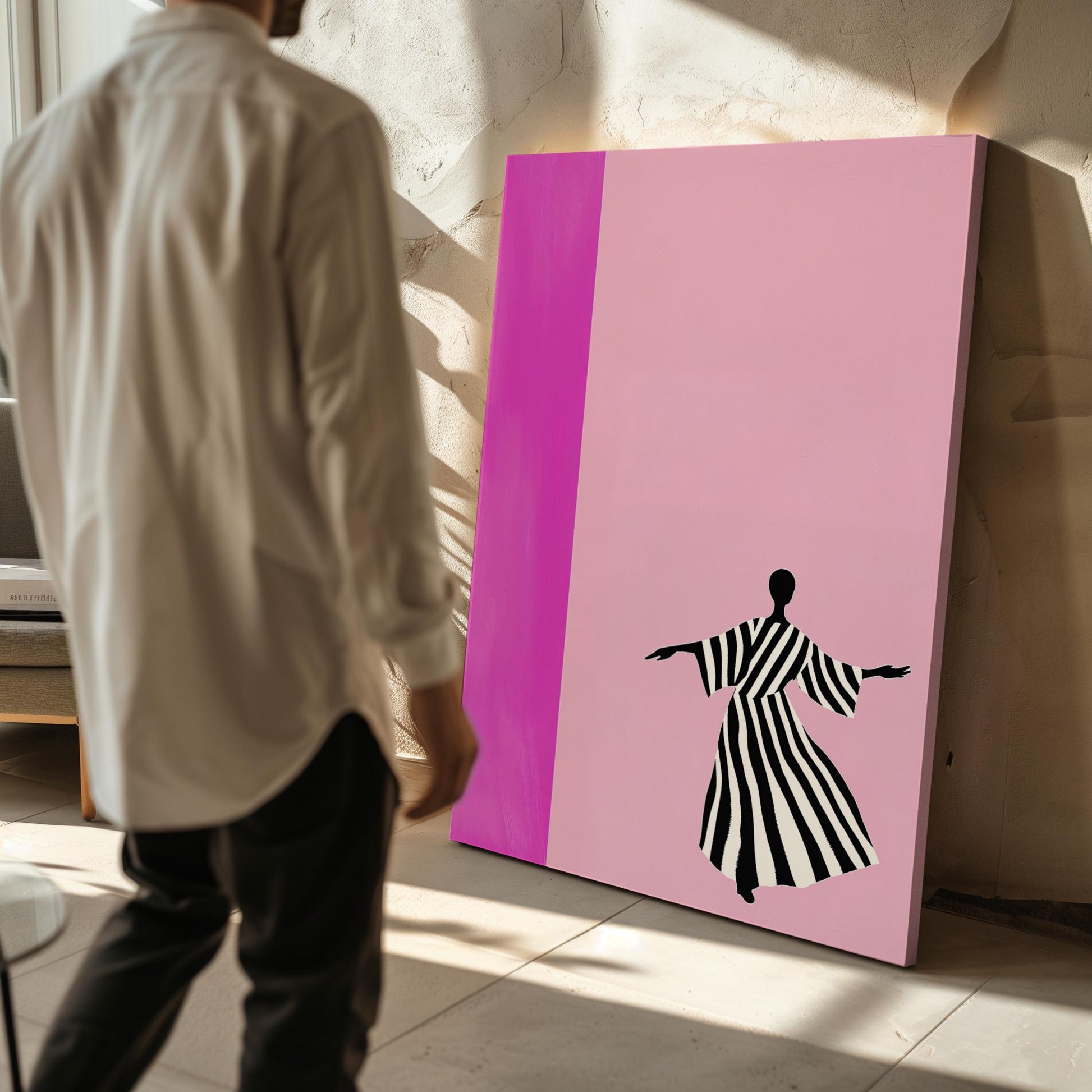 Abstract Silhouette Pink Wall Art Modern Minimalist Striped Dress Canvas Print Large Contemporary Artwork for Living Room