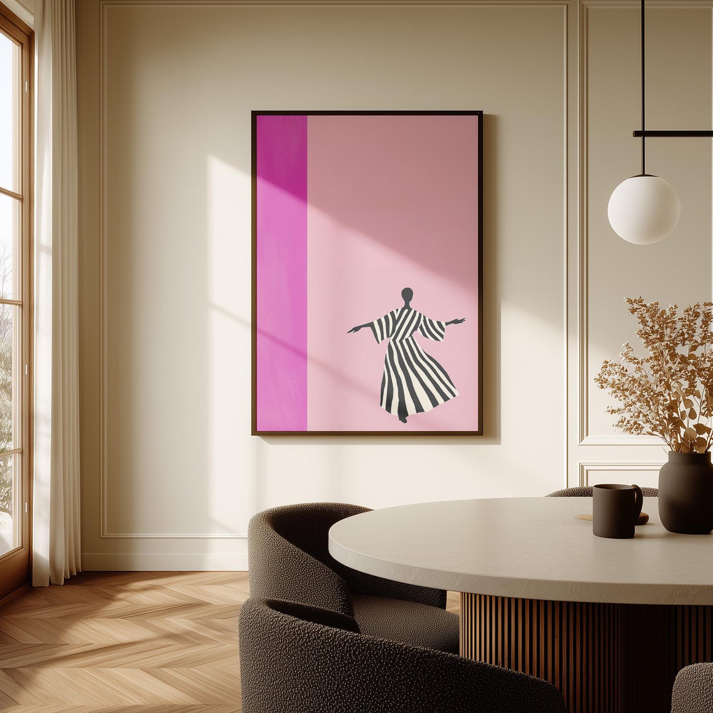 Abstract Silhouette Pink Wall Art Modern Minimalist Striped Dress Canvas Print Large Contemporary Artwork for Living Room