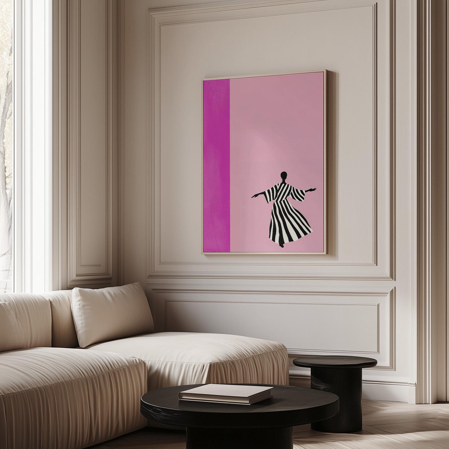 Abstract Silhouette Pink Wall Art Modern Minimalist Striped Dress Canvas Print Large Contemporary Artwork for Living Room