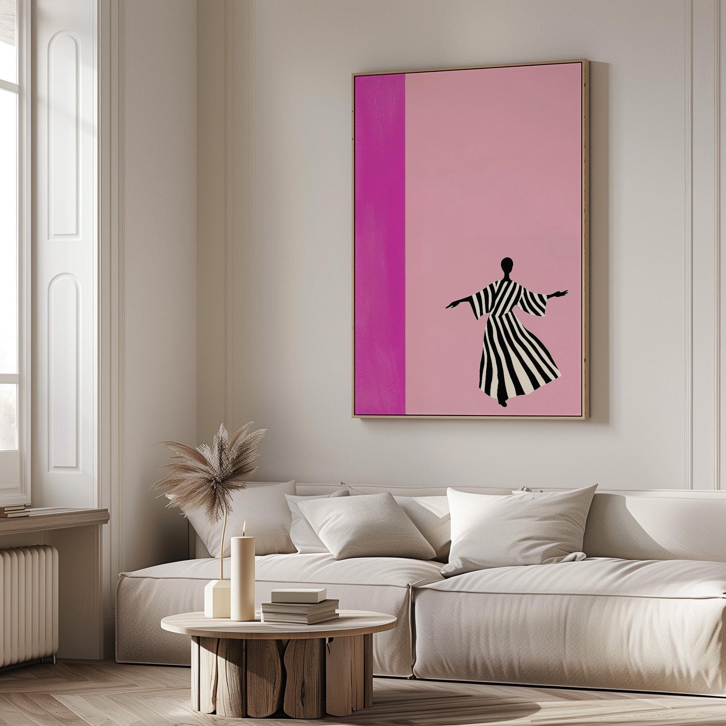 Abstract Silhouette Pink Wall Art Modern Minimalist Striped Dress Canvas Print Large Contemporary Artwork for Living Room