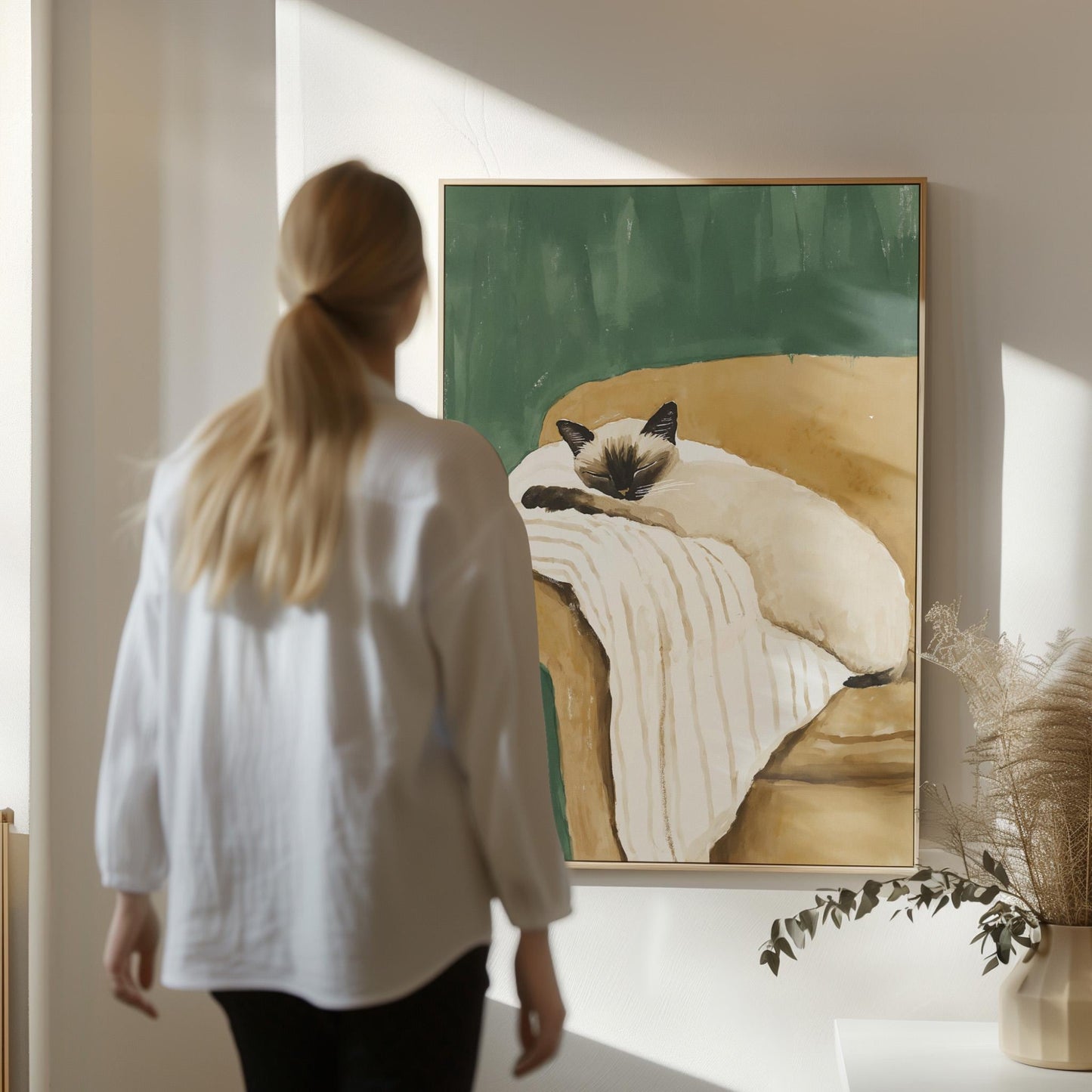 Siamese Cat Wall Art Cozy Minimalist Animal Print Relaxing Pet Canvas Large Artwork for Bedroom or Living Room Decor