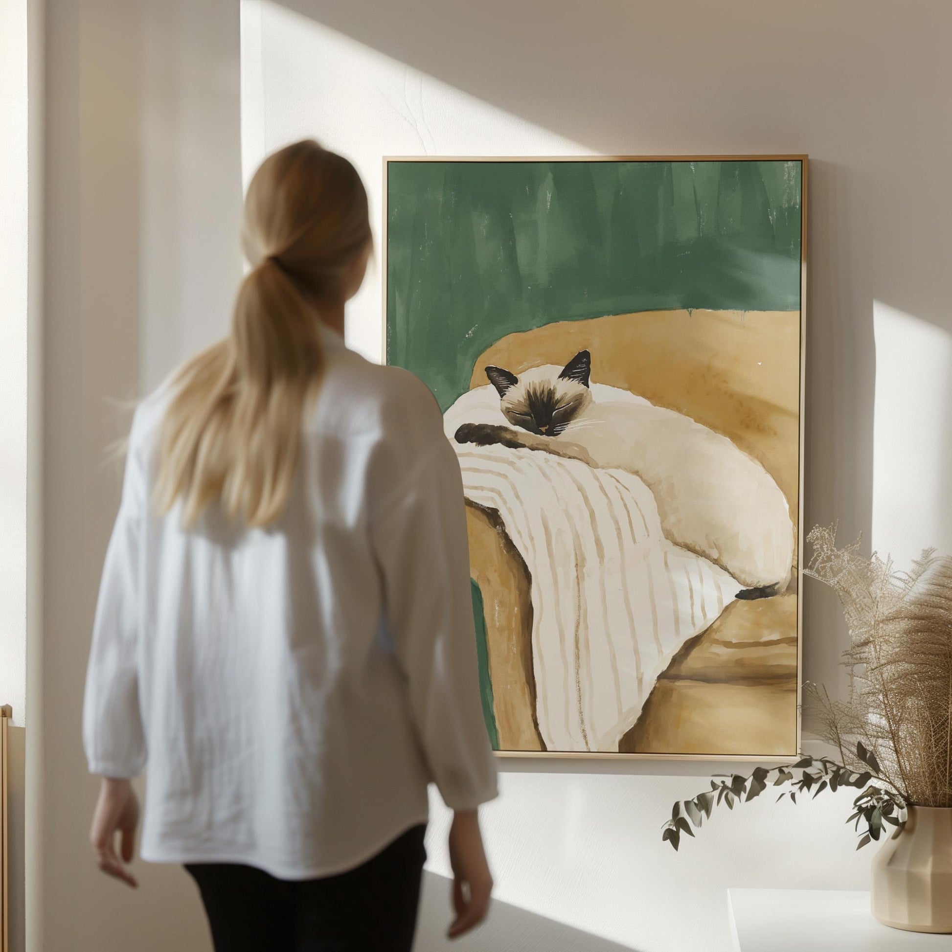 Siamese Cat Wall Art Cozy Minimalist Animal Print Relaxing Pet Canvas Large Artwork for Bedroom or Living Room Decor