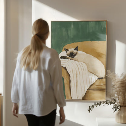 Siamese Cat Wall Art Cozy Minimalist Animal Print Relaxing Pet Canvas Large Artwork for Bedroom or Living Room Decor