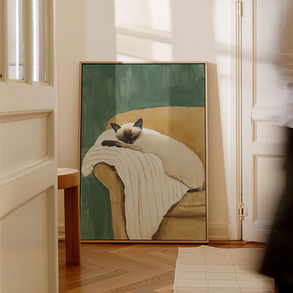 Siamese Cat Wall Art Cozy Minimalist Animal Print Relaxing Pet Canvas Large Artwork for Bedroom or Living Room Decor