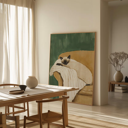 Siamese Cat Wall Art Cozy Minimalist Animal Print Relaxing Pet Canvas Large Artwork for Bedroom or Living Room Decor
