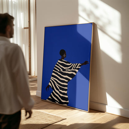 Abstract Silhouette Wall Art Woman in Striped Dress Blue Background Modern Canvas Large Print for Living Room or Bedroom