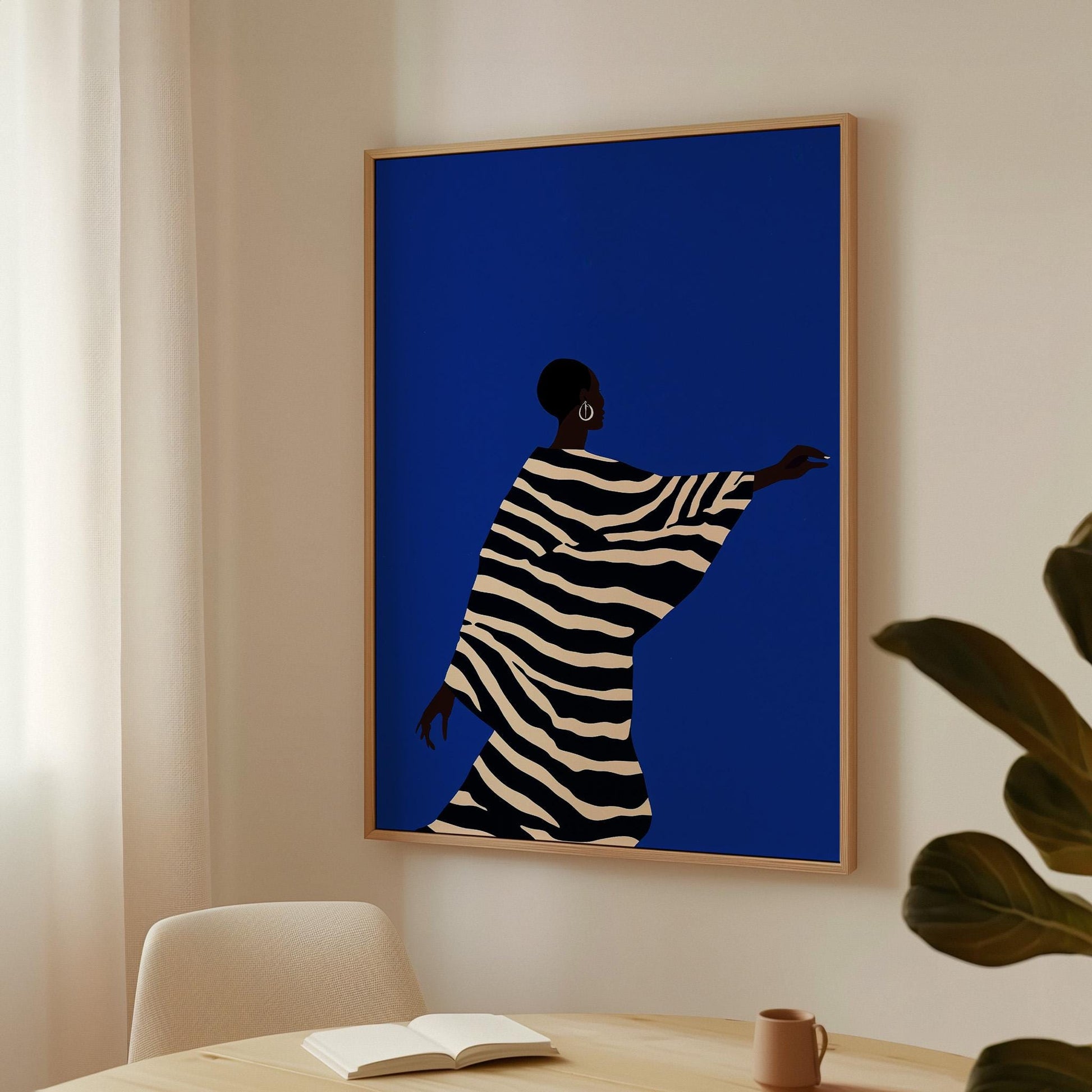 Abstract Silhouette Wall Art Woman in Striped Dress Blue Background Modern Canvas Large Print for Living Room or Bedroom