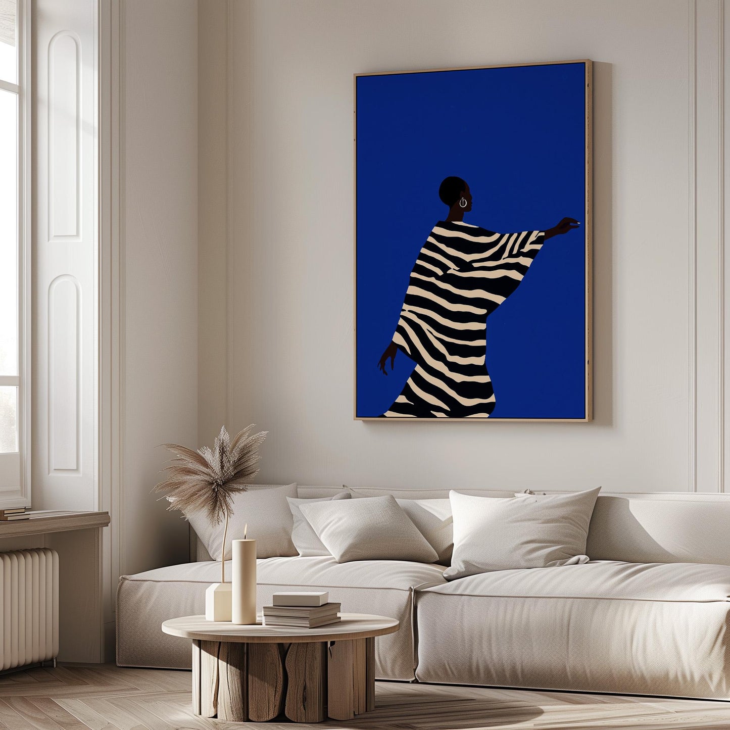 Abstract Silhouette Wall Art Woman in Striped Dress Blue Background Modern Canvas Large Print for Living Room or Bedroom