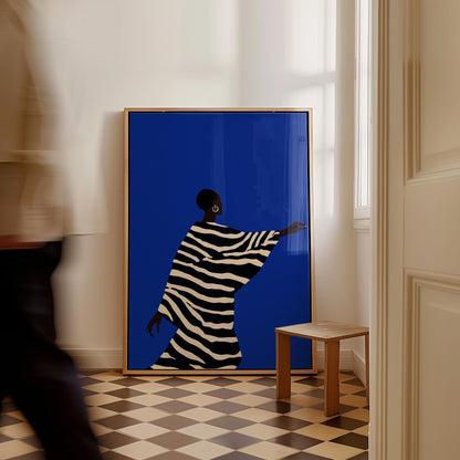 Abstract Silhouette Wall Art Woman in Striped Dress Blue Background Modern Canvas Large Print for Living Room or Bedroom