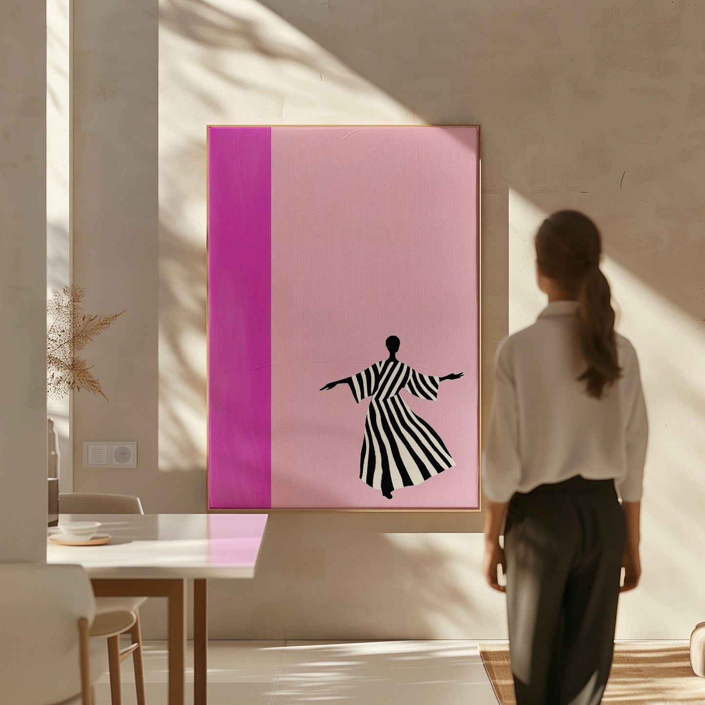 Abstract Silhouette Pink Wall Art Modern Minimalist Striped Dress Canvas Print Large Contemporary Artwork for Living Room
